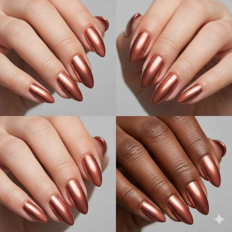 Gold rose gold and glazed chrome metallic nail finish shown across warm cool and deep skin tones demonstrating universal flattering luminous effect