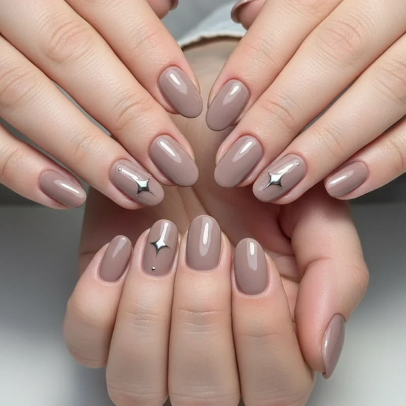 Mauve and greige neutral nail polish shades shown in professional editorial context across warm cool and medium complexions as universal flattering options