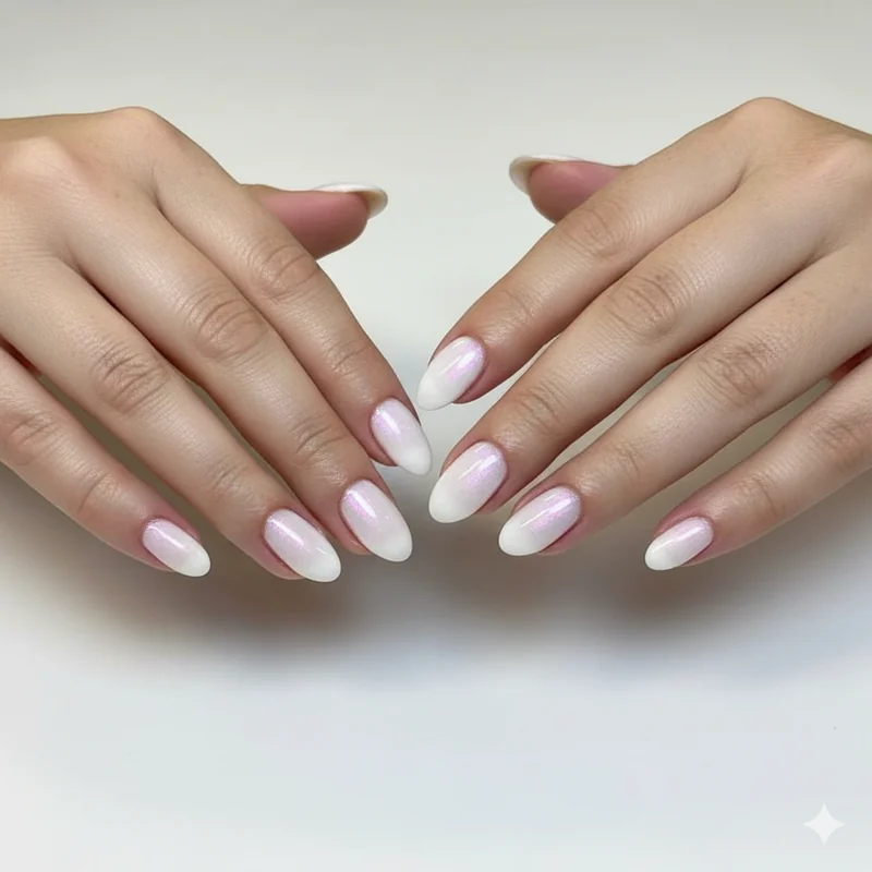 Milky cloud white nail polish with warm sheer finish showing glazed luminous effect on fair medium and deep skin tones as universally flattering shade