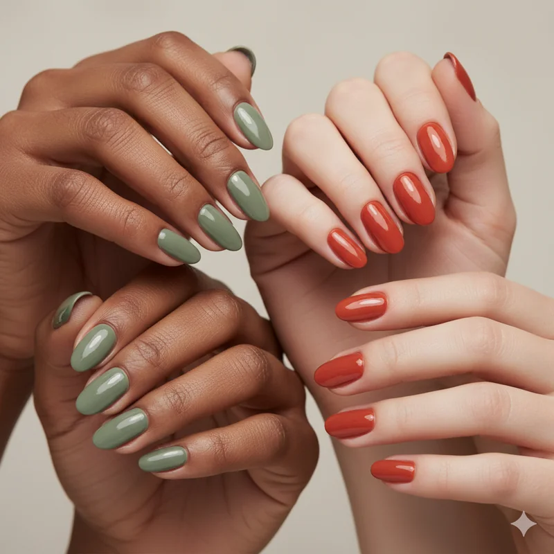 Sage green and persimmon nail polish 2026 trend shades shown as universally flattering on fair medium and deep complexions in editorial nail art context