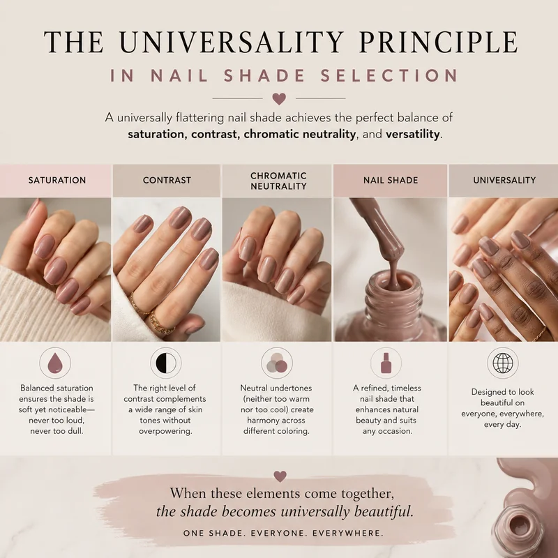 Saturation and chromatic neutrality principle showing how nail shade depth creates complementary contrast across fair medium and deep skin tones