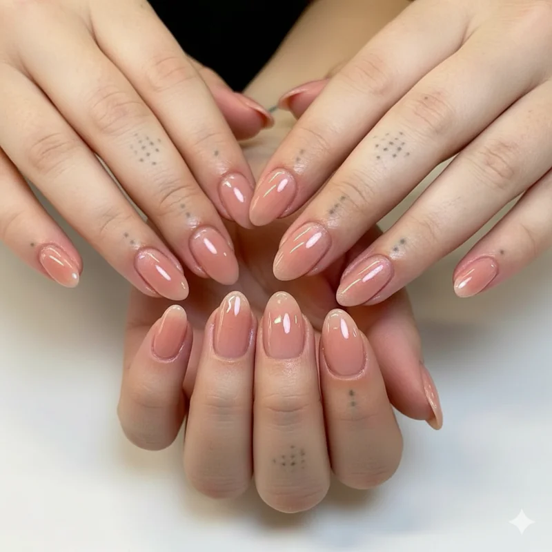 Sheer nude and blush pink nail polish in warm rose and champagne tones showing luminous your nails but better effect across all complexions