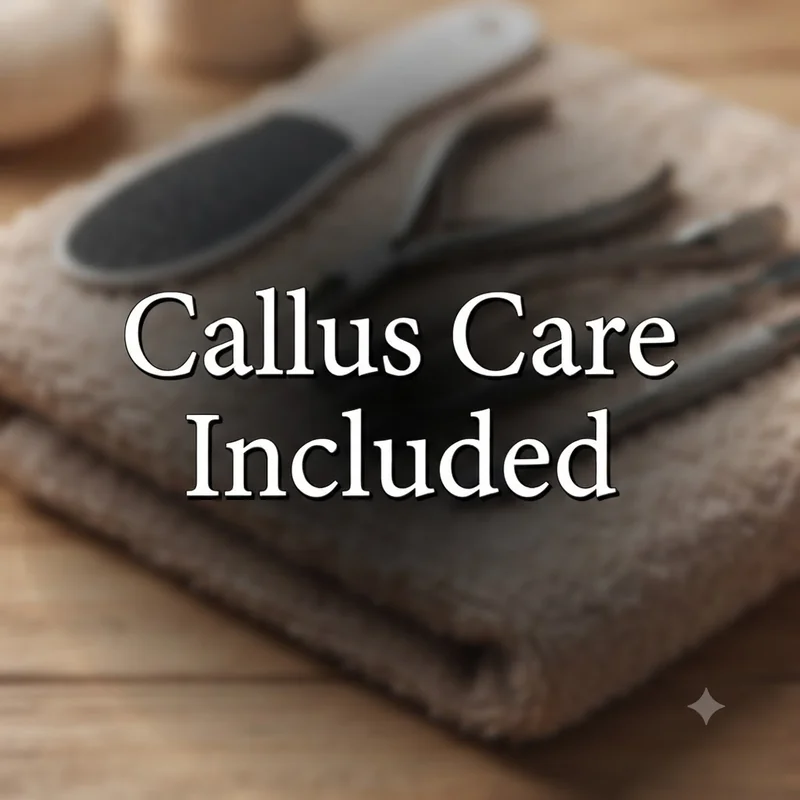 Nail technician performing detailed cuticle and callus care during professional pedicure service
