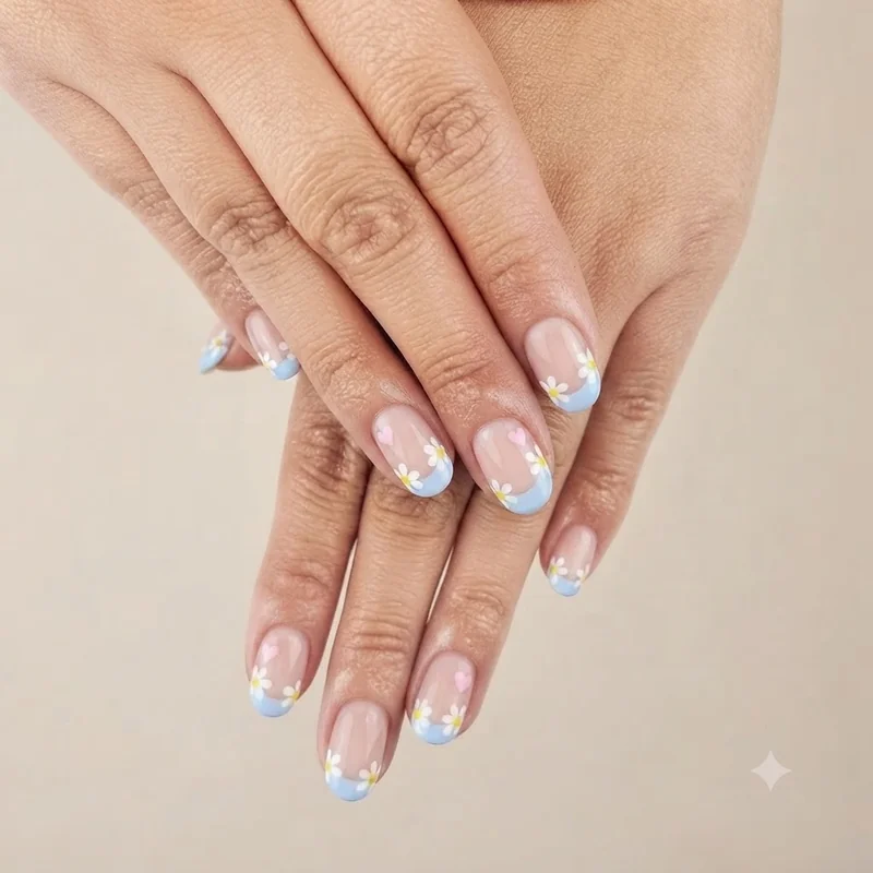 Nail designs for kids daisy flower and heart French tip design created for children ages seven to nine
