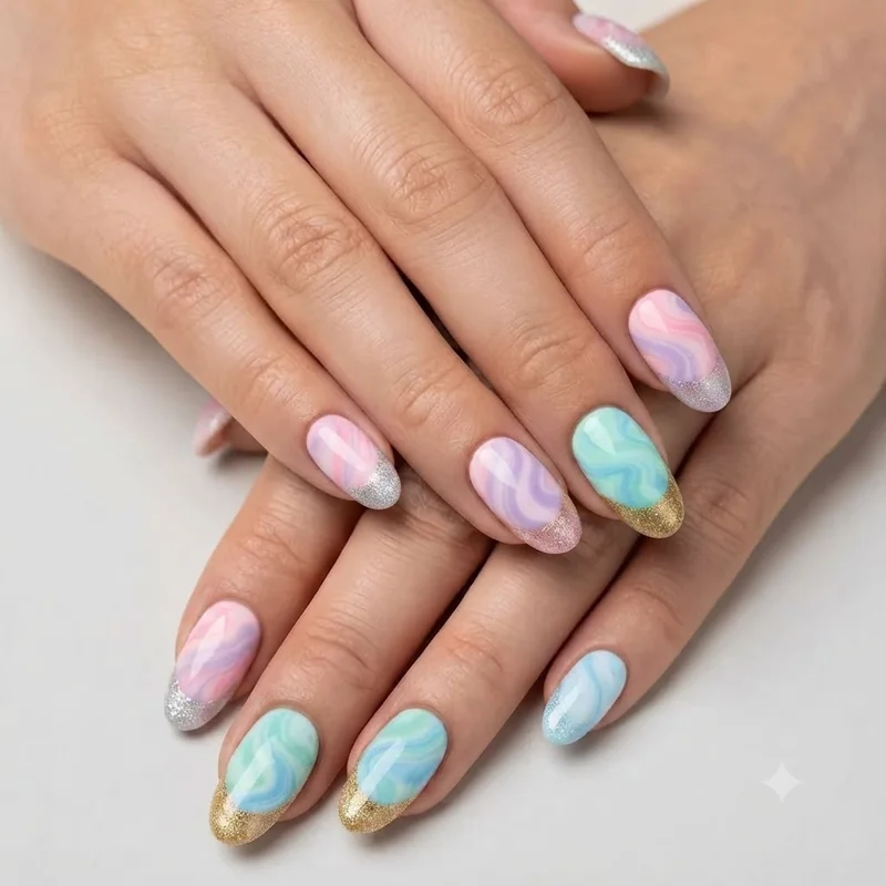 Nail designs for kids marble swirl and ombre French tip design created for tweens aged ten to twelve years