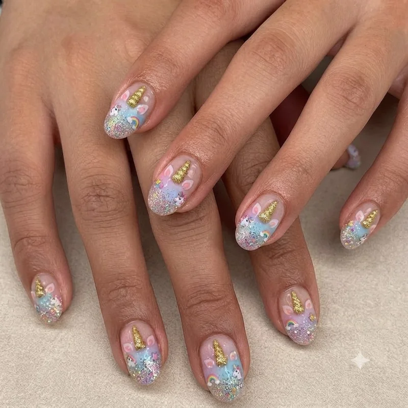 Nail designs for kids unicorn nail design with a gold horn and glitter gradient for children who love characters