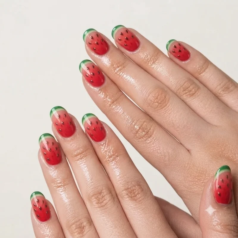 Nail designs for kids watermelon fruit design on school age child nails with tiny toothpick seed detailing