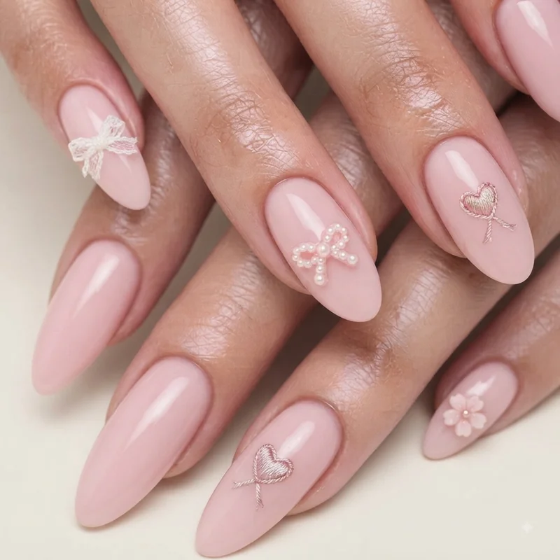 Coquette bow pastel accent nail design, a current trend for little girl 8-10 manicures