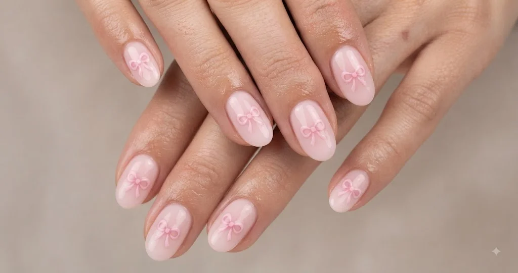 Nail designs for little girl 8-10 shown in a pastel coquette bow manicure on short rounded nails