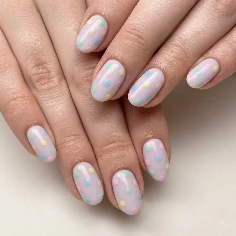 Pastel polka dot nail design for little girl 8-10 on short rounded everyday nails