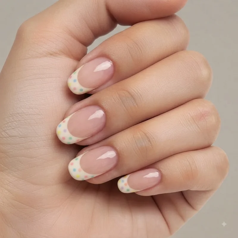 Polka dot and French tip back to school nail design built for durable kids manicure wear