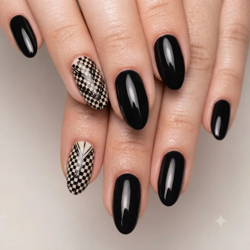Nail designs for men with a checkerboard and triangle line pattern on an accent nail