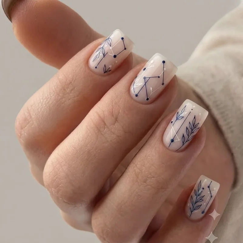 Nail designs for men shown as clean navy and white line art on short square nails