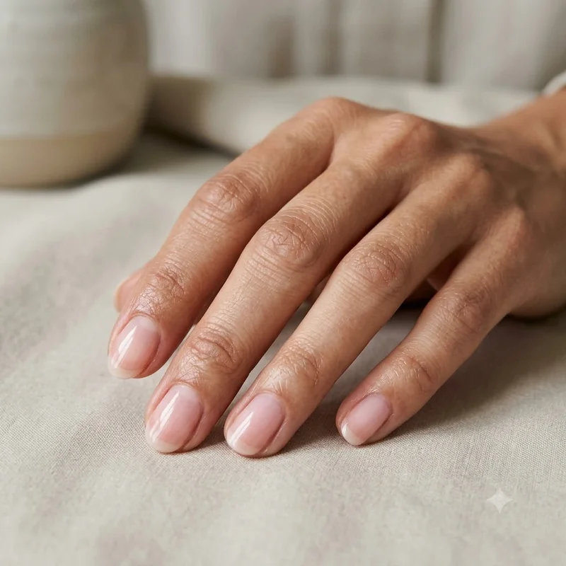 Sheer pink short oval nails in one thin coat of regular polish, a low-cover option while treating a fungal nail infection