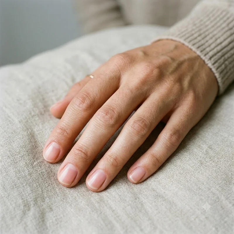 Healthy natural nail regrowth in a neutral tone, short bare nails with a clear, smooth new nail plate after fungal clearance