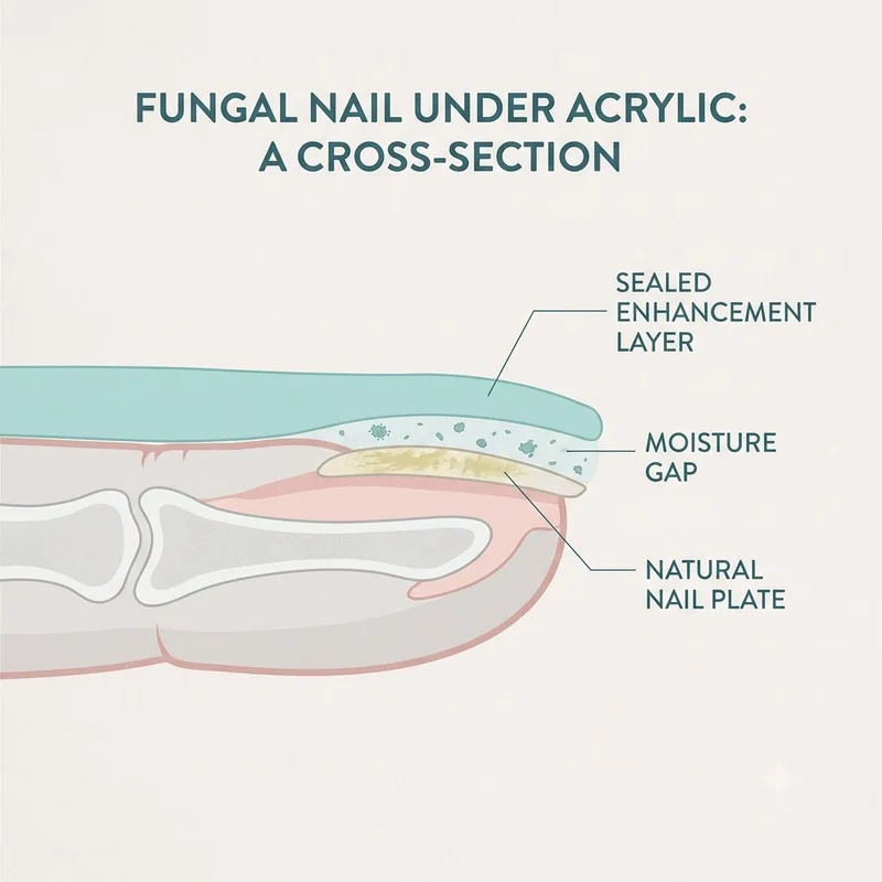 Infographic of a fungal nail under acrylic: natural nail plate, moisture gap, and sealed enhancement layer trapping spores