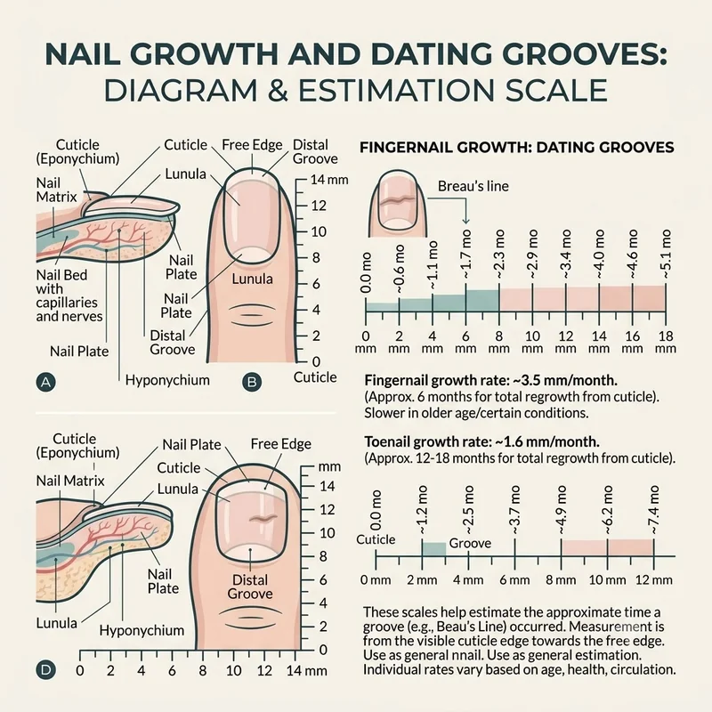 Nail diagram with millimeter markings from the cuticle and a growth rate scale for dating grooves on fingernails and toenails