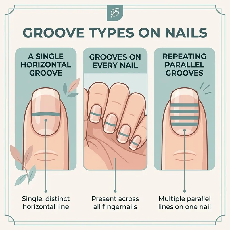 Three-panel infographic showing horizontal nail grooves on one nail, on every nail, and repeating in parallel, each labeled