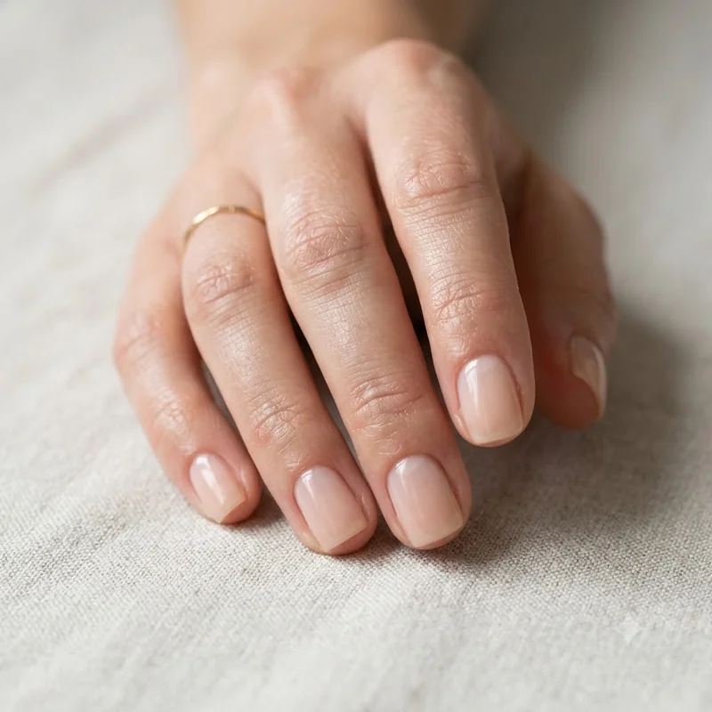 Sheer nude manicure with a ridge-filling base coat smoothing horizontal nail grooves on a healthy, well-moisturized hand