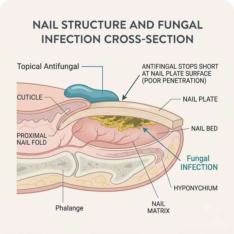Nail cross-section infographic showing the nail plate, nail bed, and where topical antifungal products stop short of fungus