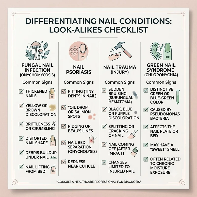 Checklist infographic comparing fungal nail signs with psoriasis, trauma, and green nail look-alikes before you treat at home