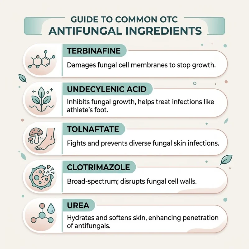Chart of OTC antifungal ingredients terbinafine, undecylenic acid, tolnaftate, clotrimazole, and urea and what each does