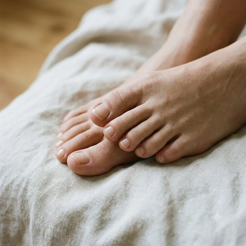 Smooth clear natural toenails resting on pale linen, the healthy result readers hope an antifungal nail lacquer will deliver