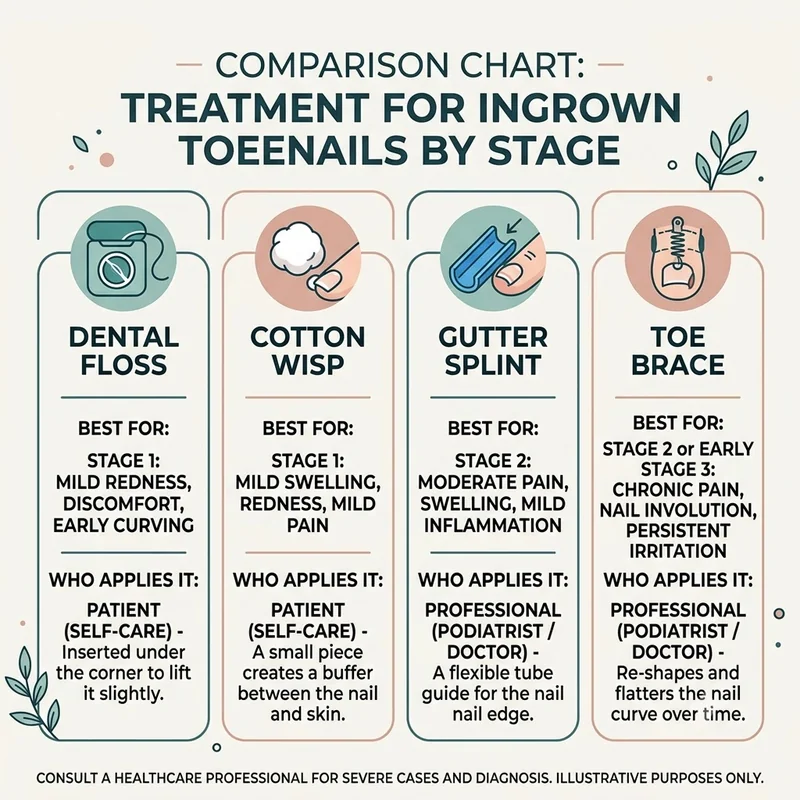 Comparison chart of floss, cotton, gutter splint, and toe brace for an ingrown toenail by stage and who applies each option