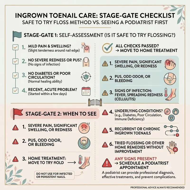 Stage-gate checklist graphic showing when the floss method for an ingrown toenail is safe and when to see a podiatrist first