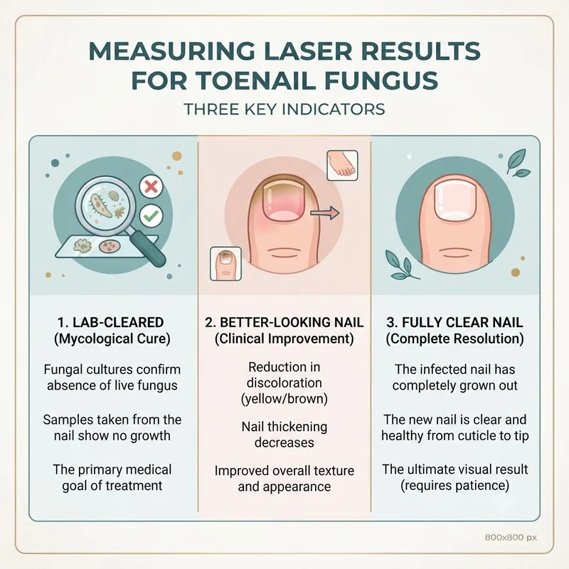 Infographic of three ways to measure laser results for toenail fungus: lab-cleared, better-looking, and fully clear nail