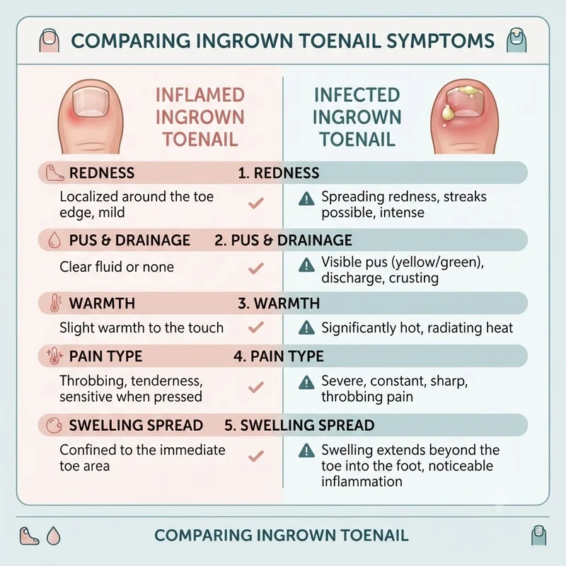 Infographic comparing inflamed and infected ingrown toenails across redness, pus, warmth, pain type, and swelling spread