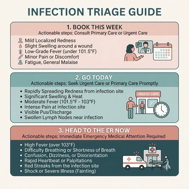 Three-tier triage graphic showing which ingrown toenail infection signs mean book this week, go today, or head to the ER now
