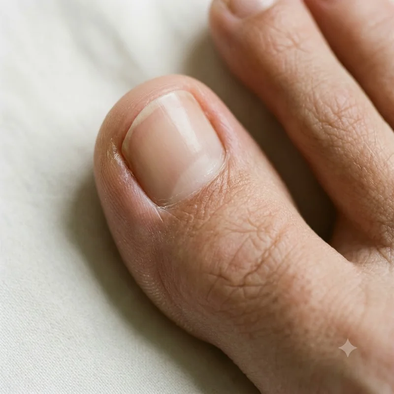 Well-kept pedicured toe with a smooth natural nail in a soft neutral setting, showing how a healed ingrown toenail can look