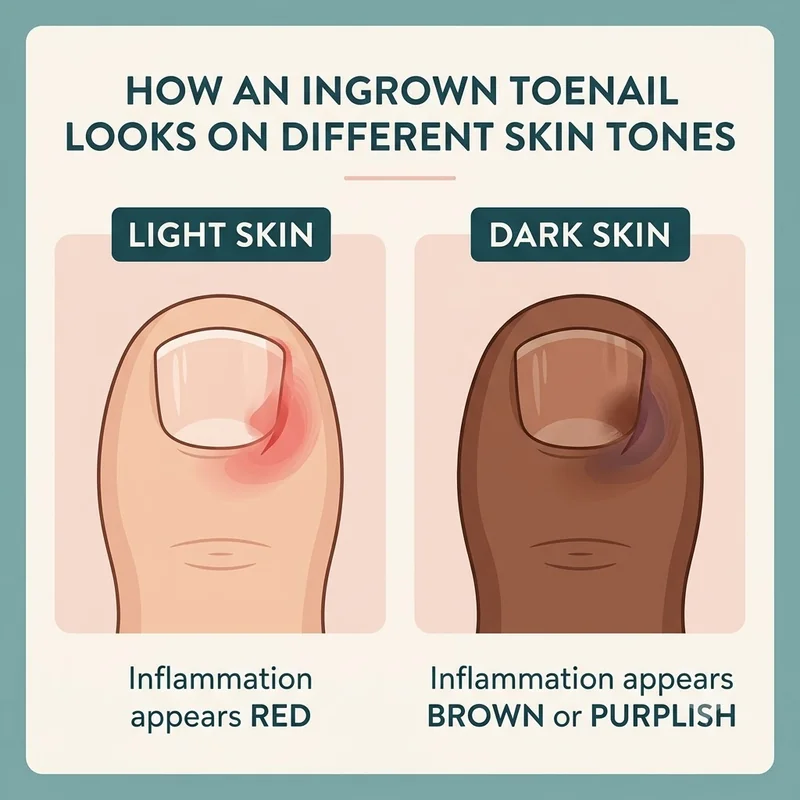 Ingrown toenail on dark skin can look brown or purplish instead of red, shown with illustrated skin tone color swatches guide