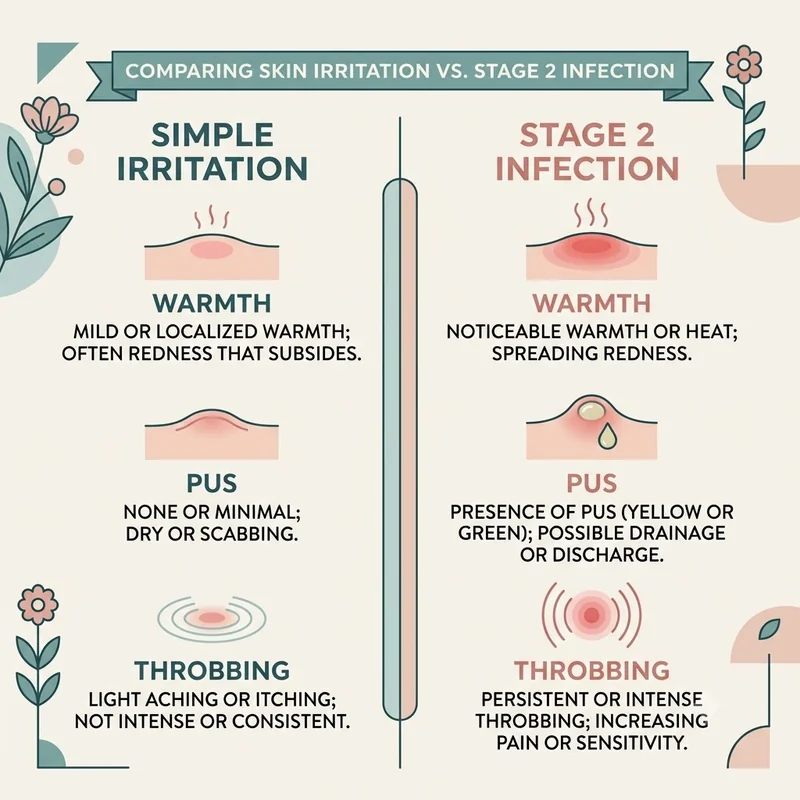 Ingrown toenail stage 2 signs compared with simple irritation in a clean two-column graphic of warmth, pus, and throbbing