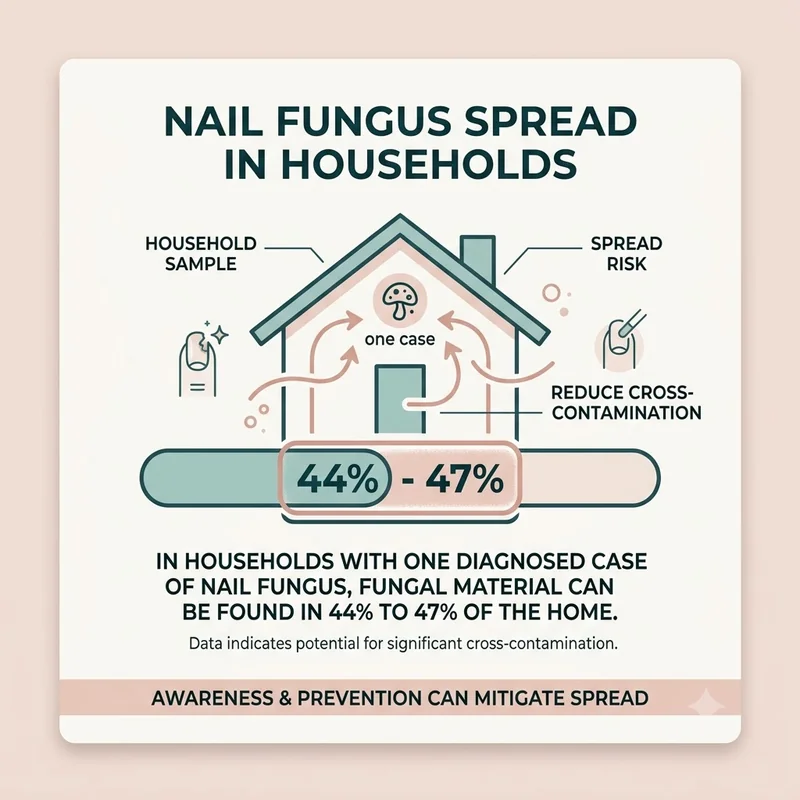 Nail fungus household transmission infographic showing evidence of spread in 44 to 47 percent of households with one case