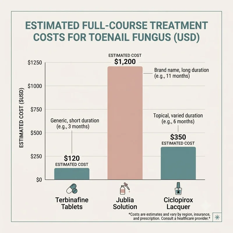 Bar graphic comparing estimated full-course costs of terbinafine tablets, Jublia solution and ciclopirox lacquer in dollars