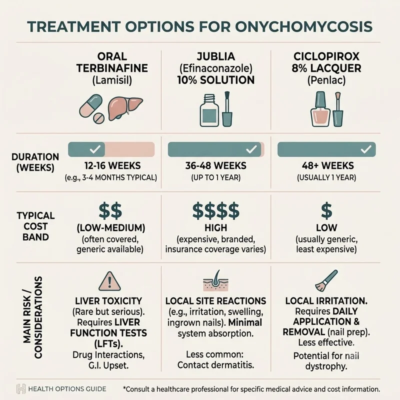 Side-by-side comparison graphic of oral terbinafine, Jublia solution and ciclopirox lacquer by weeks, cost band and main risk