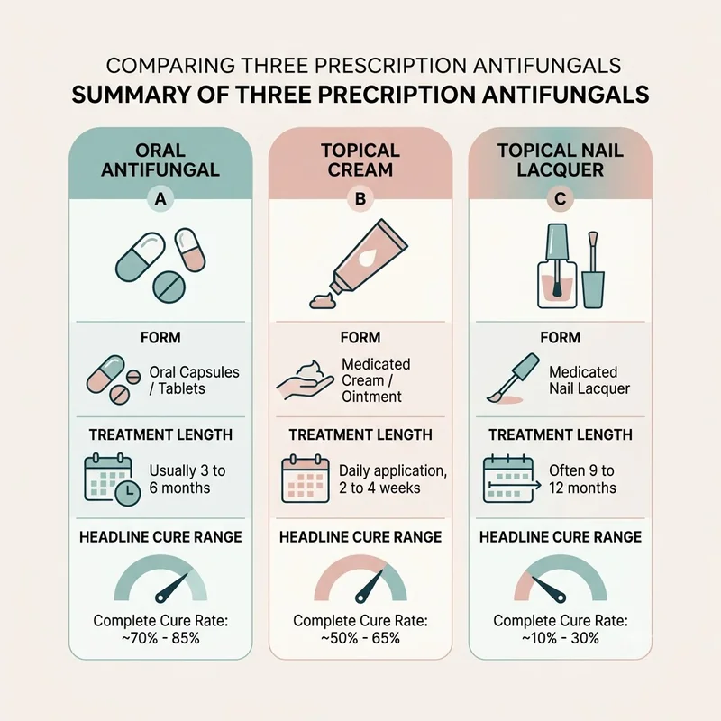 Three prescription antifungals summarized in one graphic covering form, treatment length and headline cure range per drug