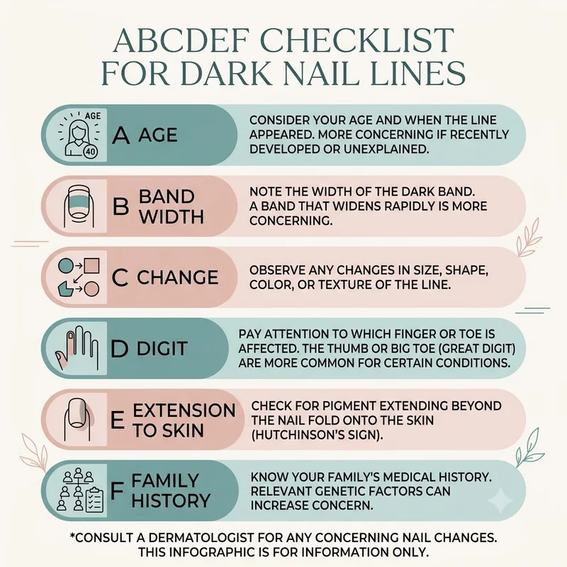 ABCDEF checklist infographic for any dark nail line: age, band width, change, digit, extension to skin, and family history