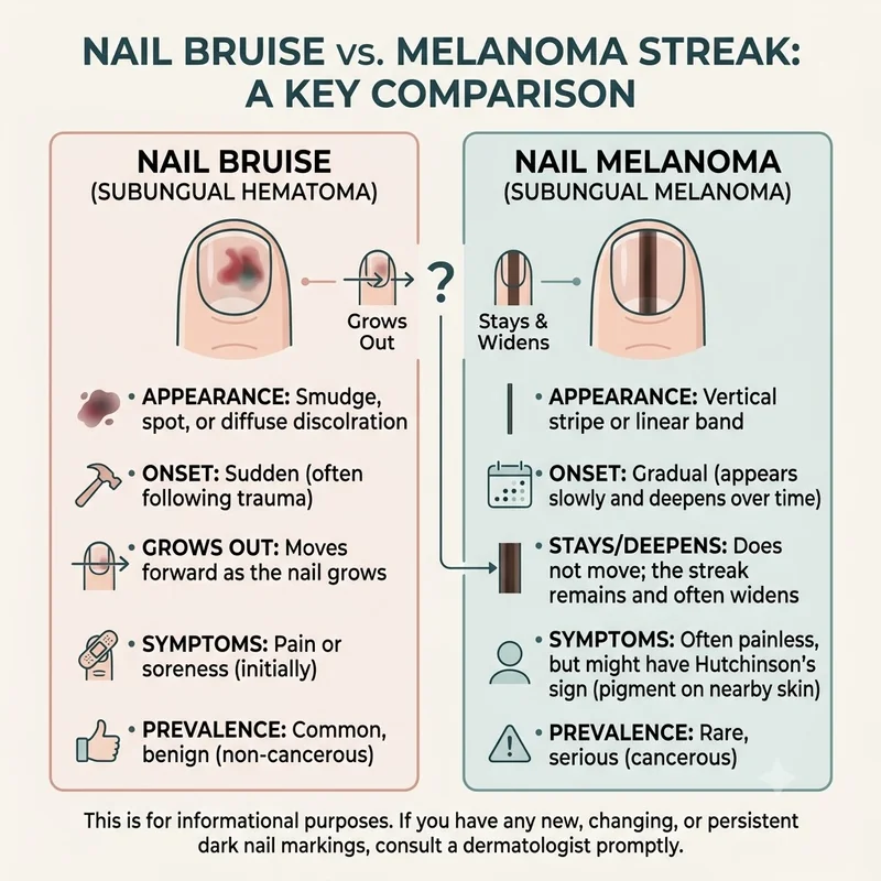 Bruise vs melanoma comparison infographic for a dark streak on nail: smudge or stripe, sudden or gradual, grows out or stays