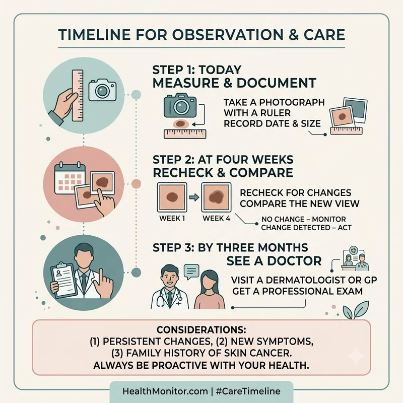 Timeline infographic for a dark nail streak: photograph with a ruler today, recheck at four weeks, see a doctor by 3 months