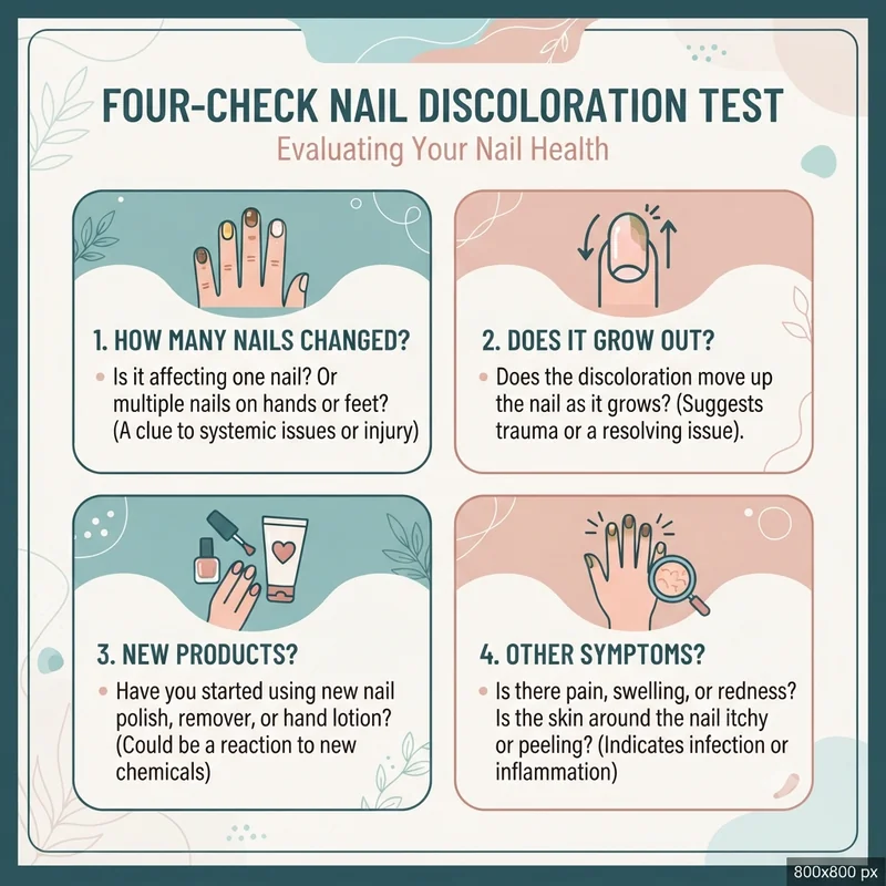Infographic of the four-check nail discoloration test: how many nails changed, does it grow out, new products, other symptoms