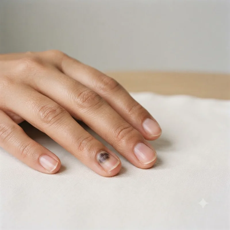 One nail with a small purple-brown subungual hematoma bruise patch after injury while the other nails stay pink and clear