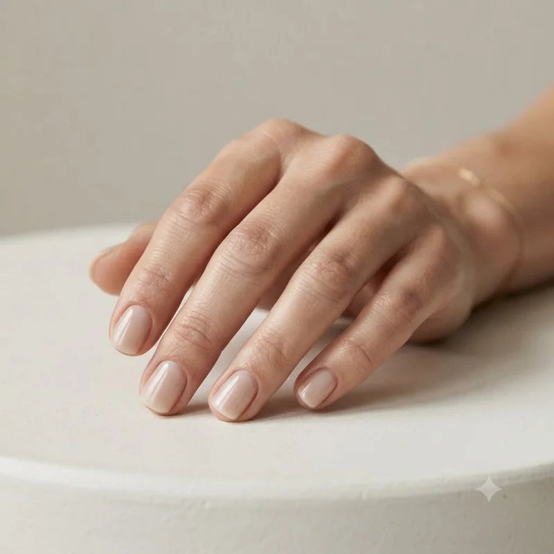Clean short natural nails in a soft neutral finish, the healthy goal state after nail plate recovery from acrylic damage