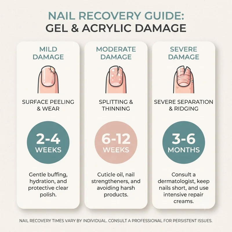 Infographic comparing mild, moderate, and severe nail damage recovery times after gel or acrylic in a clean labeled layout
