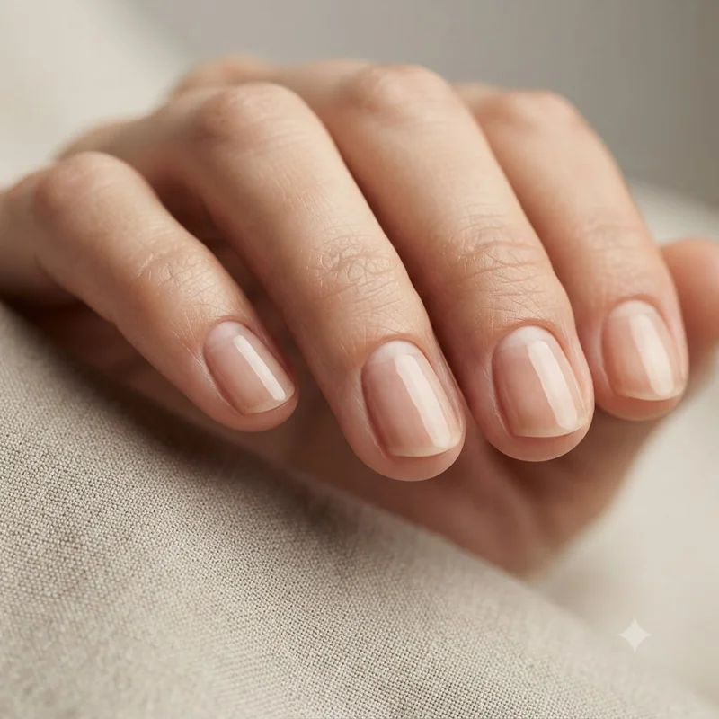 Smooth glossy pink bare natural nails with firm new growth at the cuticle, a visible sign of nails recovering after gel wear