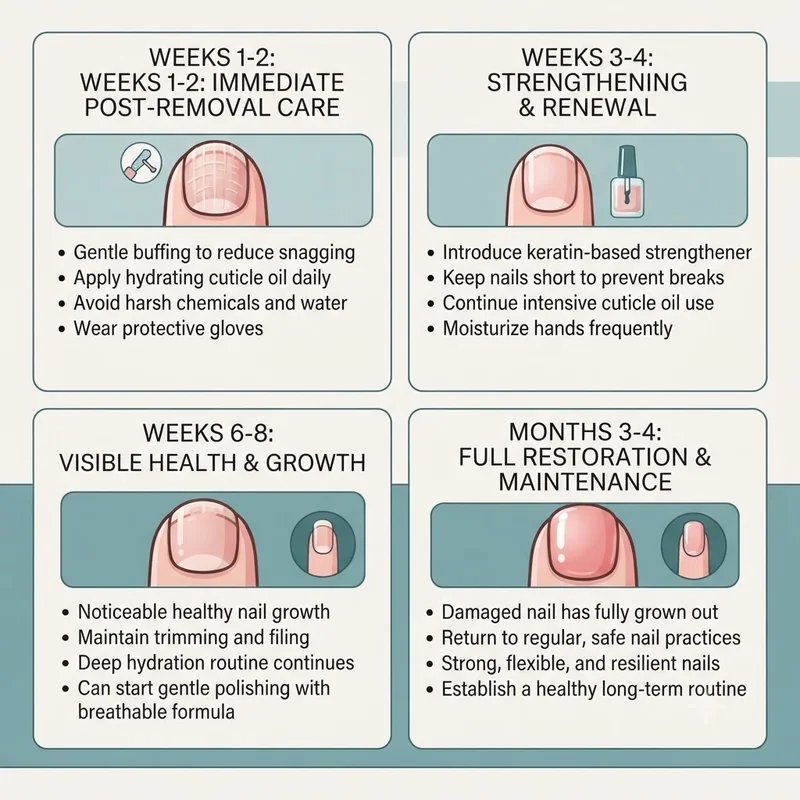 Week-by-week nail recovery timeline infographic showing weeks 1 to 2, 3 to 4, 6 to 8, and months 3 to 4 after gel removal