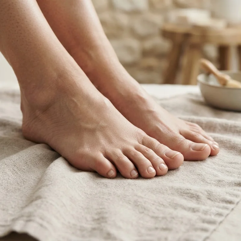 Freshly groomed pedicure on clean, dry feet with natural toenails, a reminder that drying between the toes matters most.