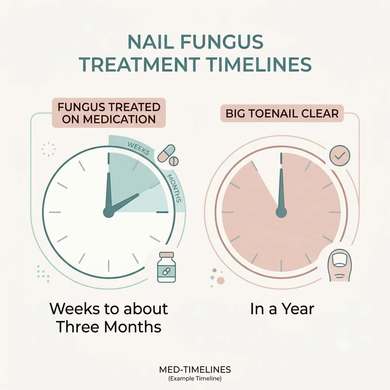 Infographic of two clocks: fungus treated in weeks to about three months on medication versus a big toenail clear in a year
